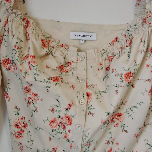 WeWoreWhat Ruched Dainty Floral Top Bustier Pouf Sleeves Cream Pink NEW Large - Picture 13 of 15